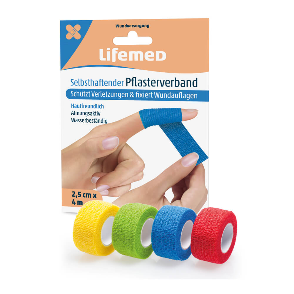 Selbsthaftender Pflasterverband Lifemed® mit 4 Rollen: gelb, grün, blau, rot