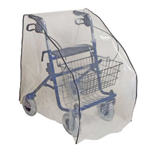 Transparente PE-Schutzhaube für Rollatoren mit vorderem Ausschnitt, über Rollator gestülpt