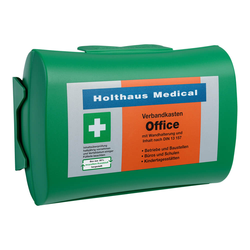 Holthaus Medical Verbandkasten Office (DIN13157) mit Wandhalterung, grünes Gehäuse