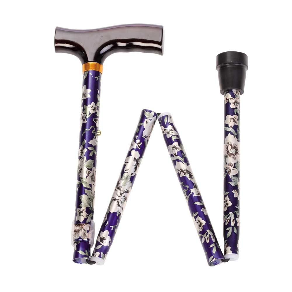 Verstellbarer Faltstock mit Fritzgriff, Aluminium, violettes Blumenmuster, schwarzer Griff