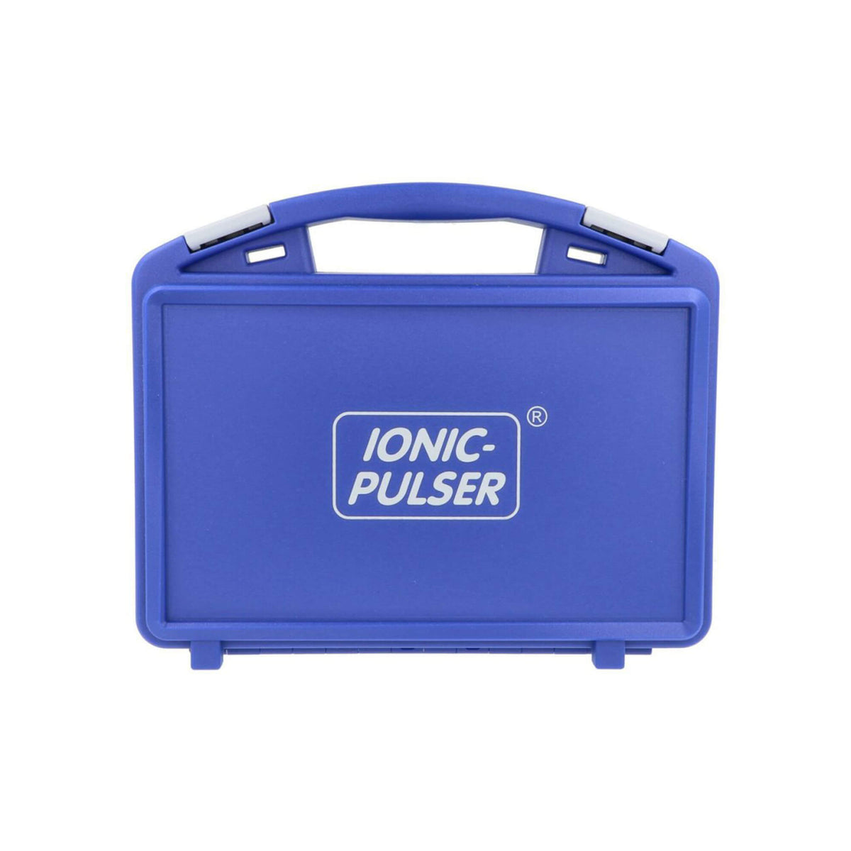 Blauer Hartschalenkoffer mit „IONIC PULSER“-Logo und Schnappverschlüssen