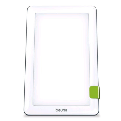 Beurer Tageslichtlampe, weißes Lichtpanel mit schwarzem Rahmen und grünem Kabelhalter
