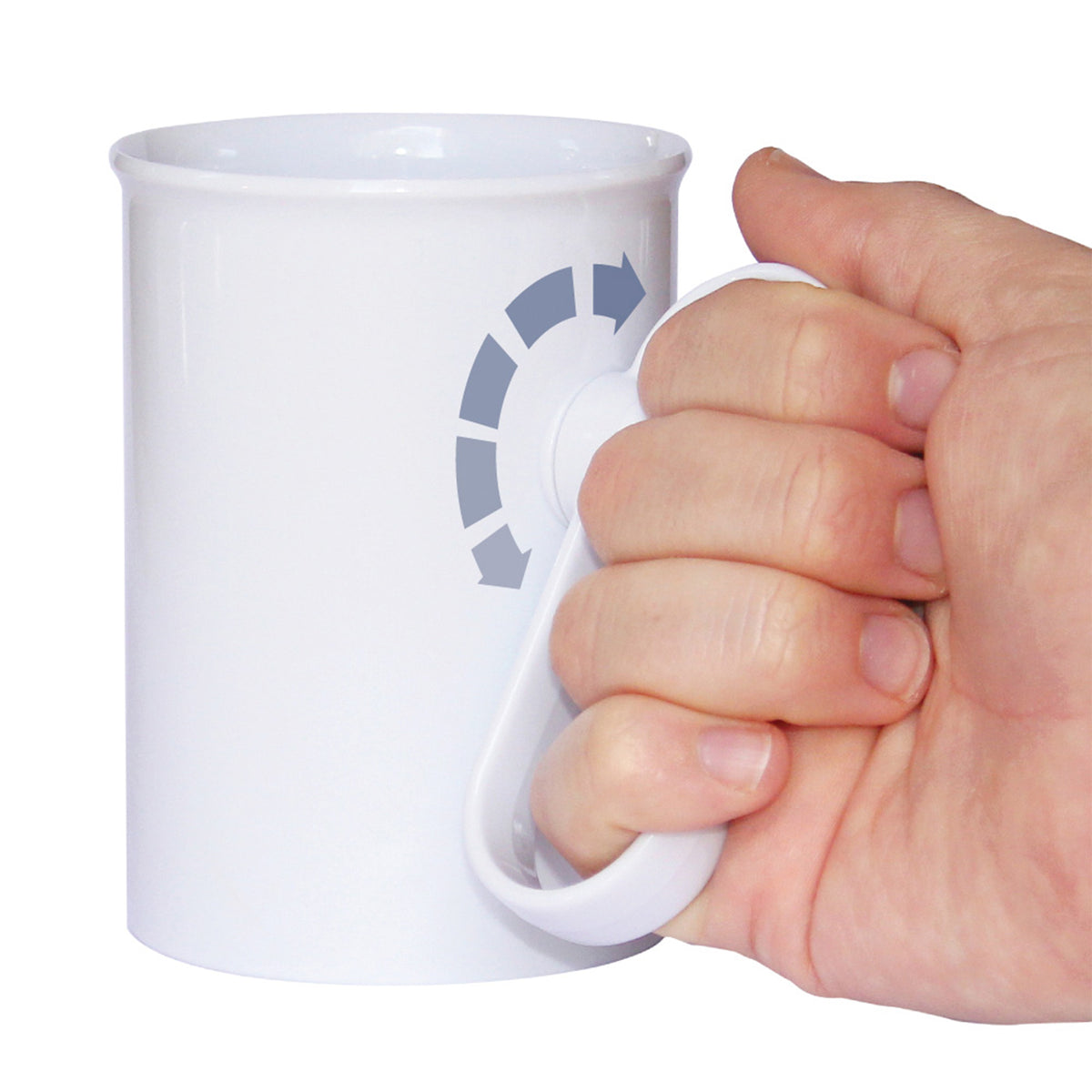 Trinkbecher mit drehbarem Griff, weiß mit blauem Symbol
