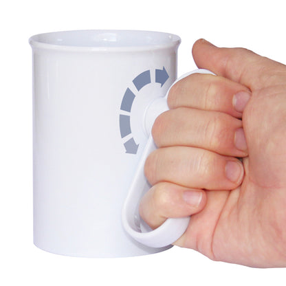 Trinkbecher mit drehbarem Griff, weiß mit blauem Symbol
