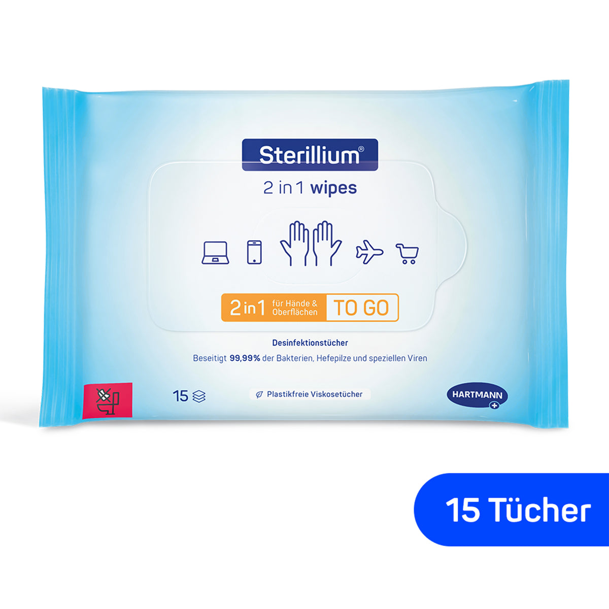 Sterillium® 2-in-1 Wipes Packung, Vorderseite mit Piktogrammen und 15 Tücher