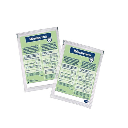 Flächendesinfektionsmittel Mikrobac® forte: zwei Folienbeutel mit Etiketten