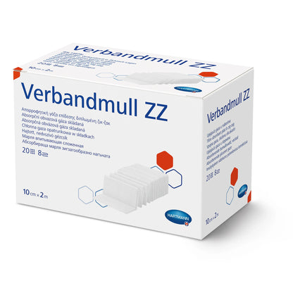 Hartmann Verbandmull ZZ Packung, frontseitig schräg, blaue Aufschrift und Mull-Symbolgrafik