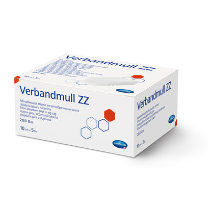 Hartmann Verbandmull ZZ Packung, schräg von der Seite, blaue Beschriftung mit Mull-Symbolen
