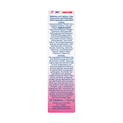 Rückseite einer Tabletten-Verpackung mit Inhalts- und Anwendungshinweisen, 30 Tabletten