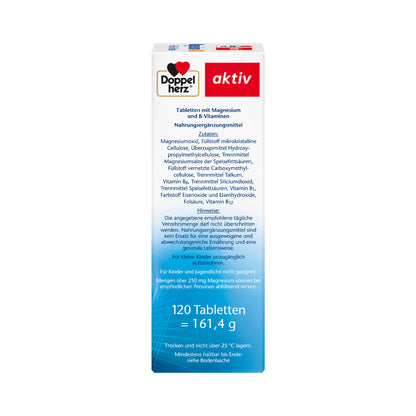 Doppelherz aktiv Magnesium 400 Tablettenpackung, Nährwertangaben und 120 Tabletten