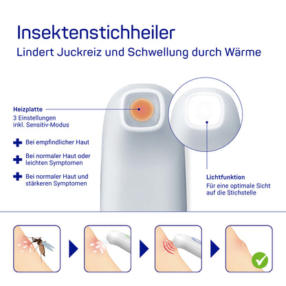 Insektenstichheiler mit Heizplatte und Lichtfunktion, Wärme- und Licht-Icons auf dem Gerät