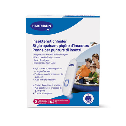 Produktverpackung des Insektenstichheiliger-Geräts mit blauem Design und Abbildung des Handssets