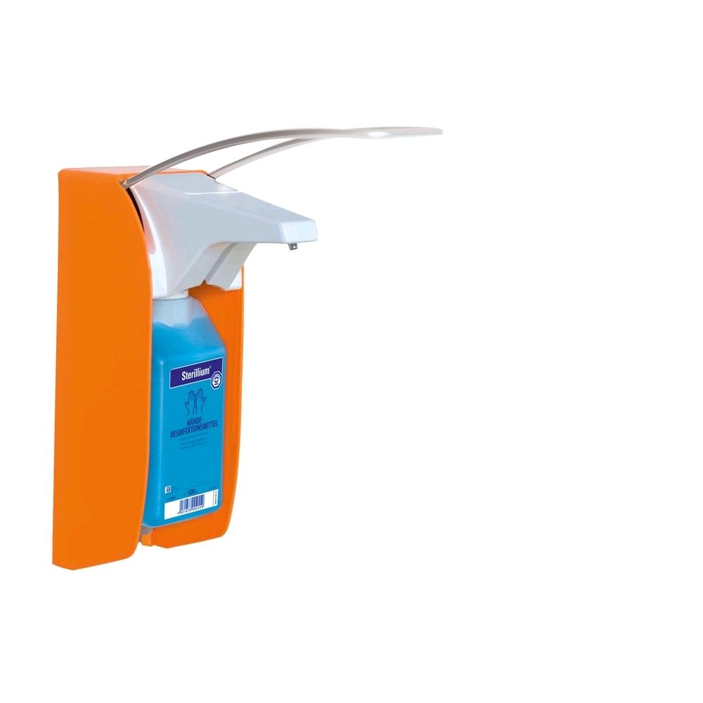 Eurospender in Orange mit weißem Dosierkopf und Schlauch