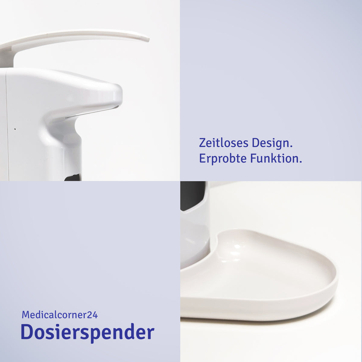 Weißer Dosierspender mit Tropfschale und Hebelarm, frontnaher Detailblick