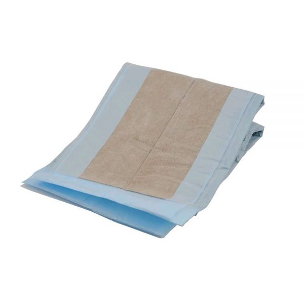MaiMed Inkontinenzunterlage mit Saugkissen, beige und blau, flach gefaltet