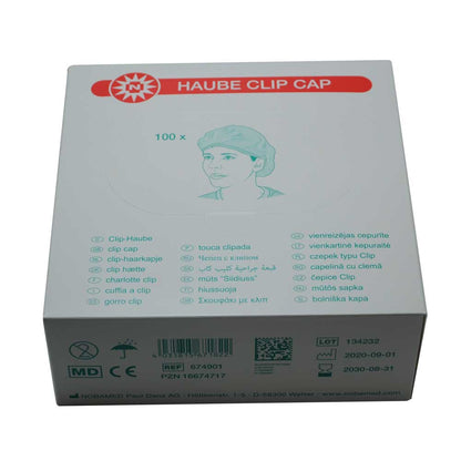 Verpackungsbox für Noba Einmal-Schutzhauben Clip Cap, 100 Stück, mit Logo