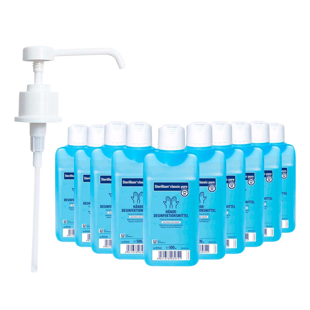 Sterillium Classic Pure Händedesinfektion 10×500 ml mit Dosierpumpe, blaue Flaschen