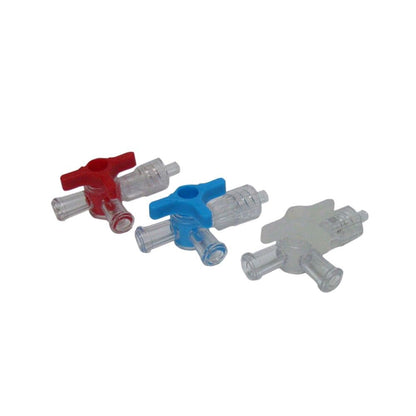 Dispomed Dreiwegehahn-System: drei Infusionshähne in Rot, Blau und transparent.