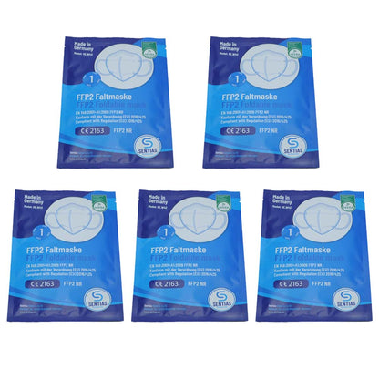 FFP2-Faltmasken in blauer Packung, sechs Stück nebeneinander