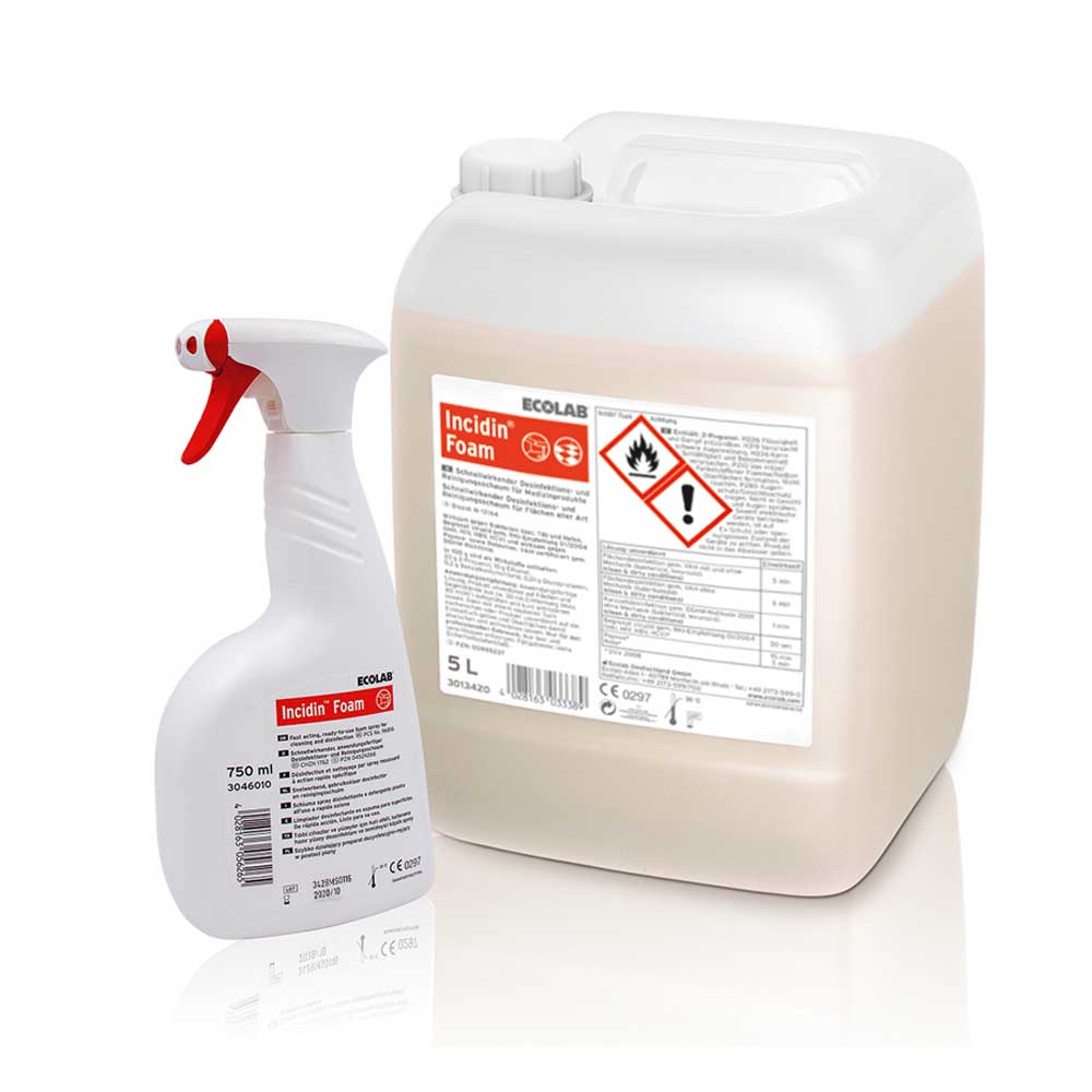 Ecolab Incidin Foam Flächendesinfektion, 5-L-Kanister mit weißem Verschluss und Etikett