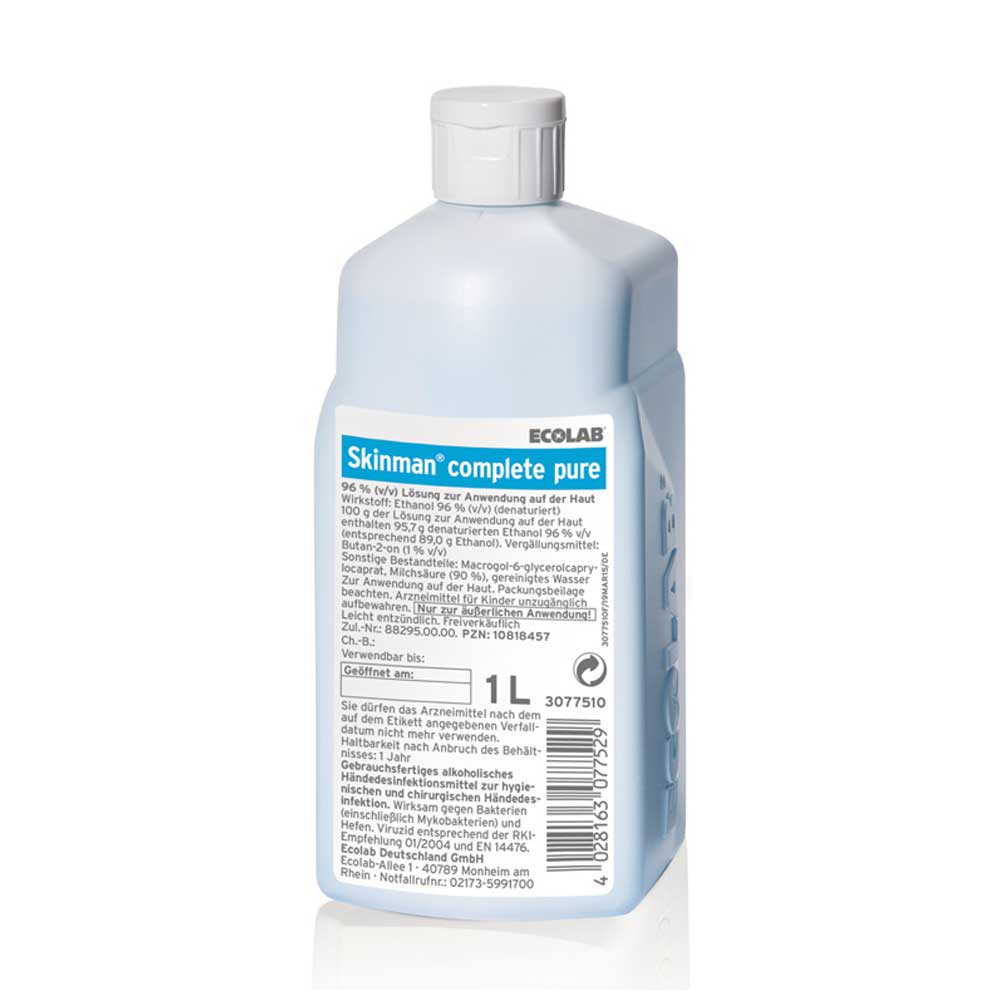 Händedesinfektionsflasche mit Schraubdeckel und blauer Etikettfläche, Vorderansicht
