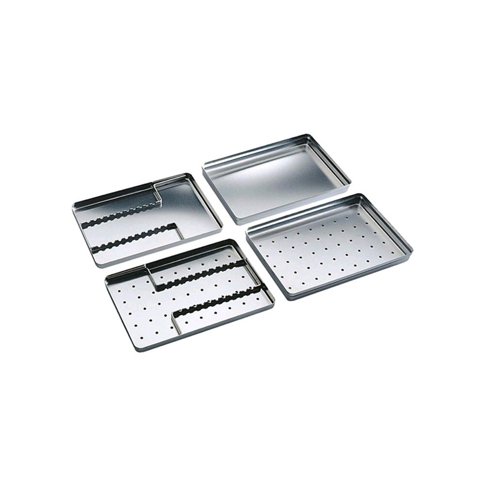 Instrumenteneinsatz für Normtrays aus Edelstahl, mit Fächern und Lochboden