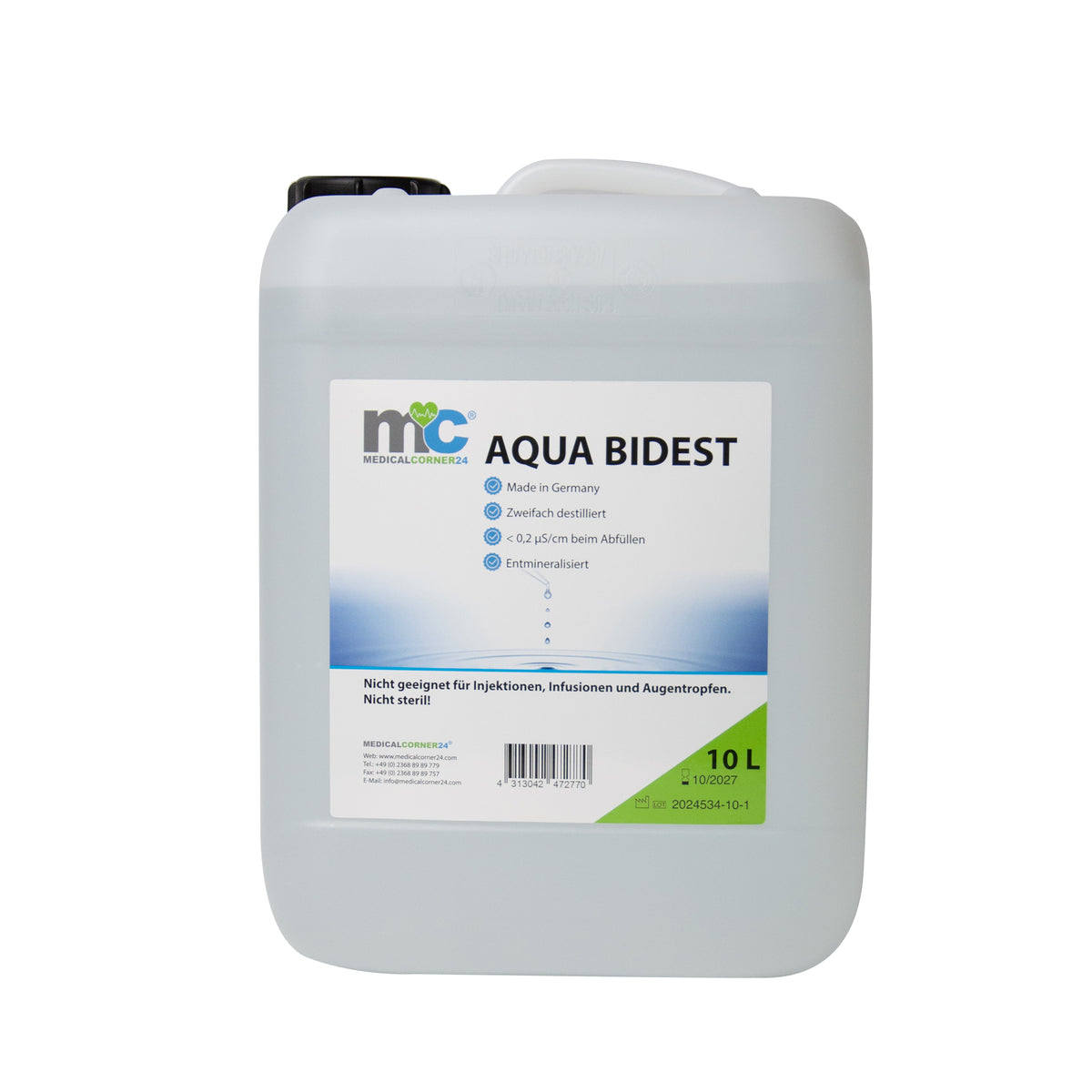 Bidestilliertes Wasser AQUA BIDEST, Rückseite eines 10-L-Kanisters aus Kunststoff