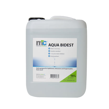 Bidestilliertes Wasser AQUA BIDEST, Rückseite eines 10-L-Kanisters aus Kunststoff