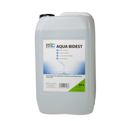 Bidestilliertes Wasser AQUA BIDEST, Vorderseite eines 20-L-Kanisters aus Kunststoff