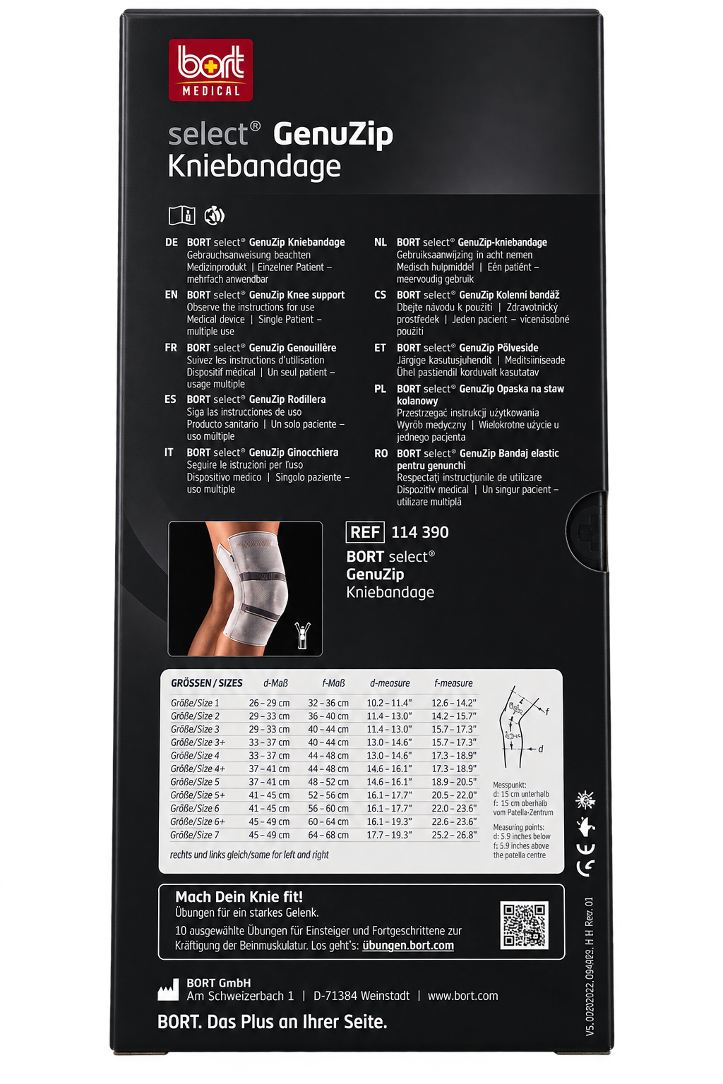 Bort select GenuZip Kniegelenkbandage links, Rückseite der Produktverpackung