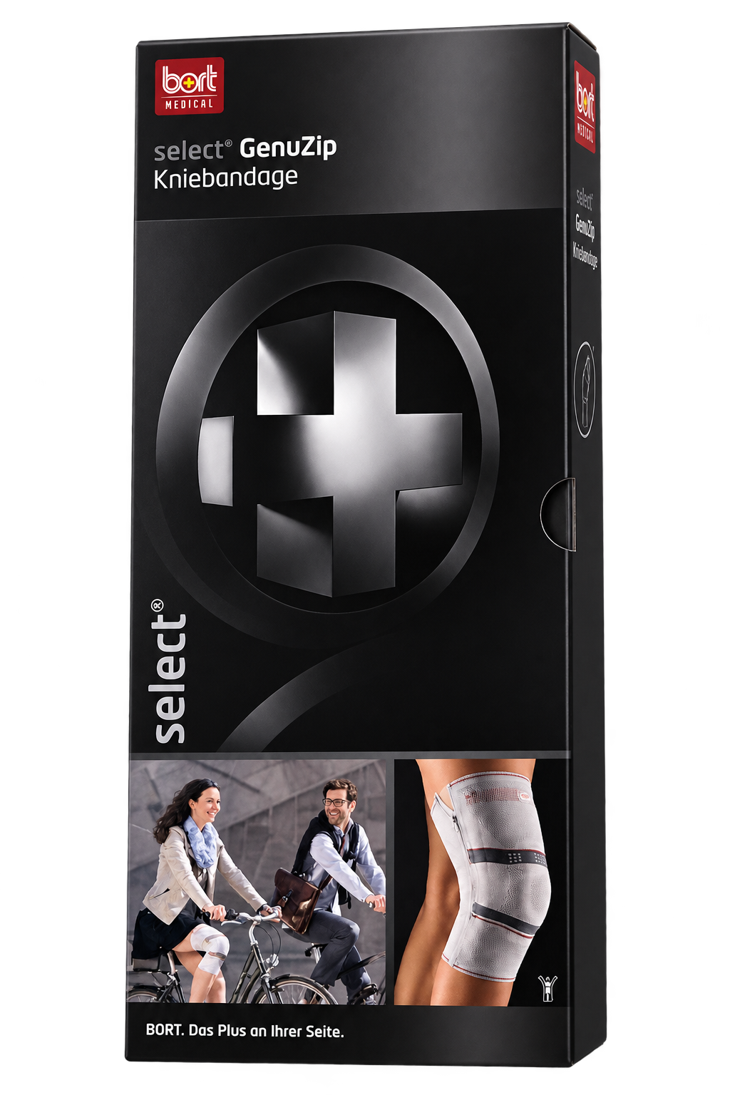 Bort select GenuZip Kniegelenkbandage links, silberne Verpackung