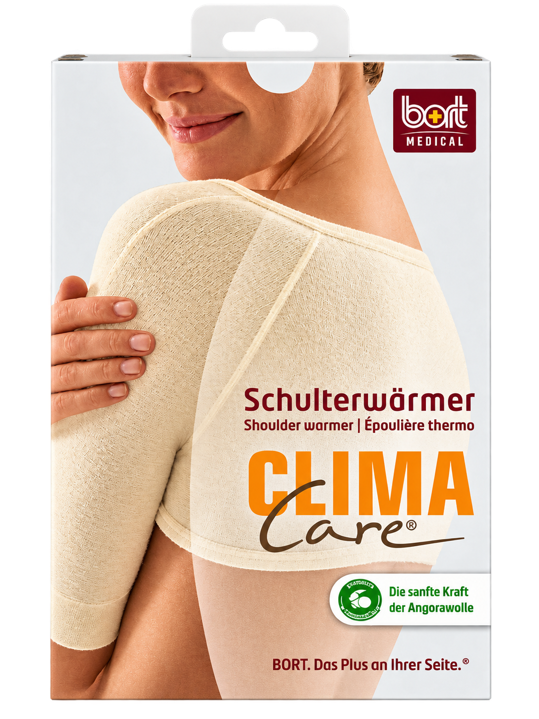 Schulterwärmer ClimaCare® von Bort mit weiß/beigeem Strick, für den Arm am Oberkörper