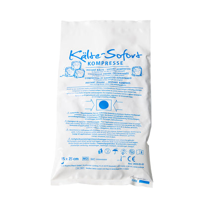 Kälte-Sofort Kompresse 15×25 cm, weißes Beutelchen mit blauem Text