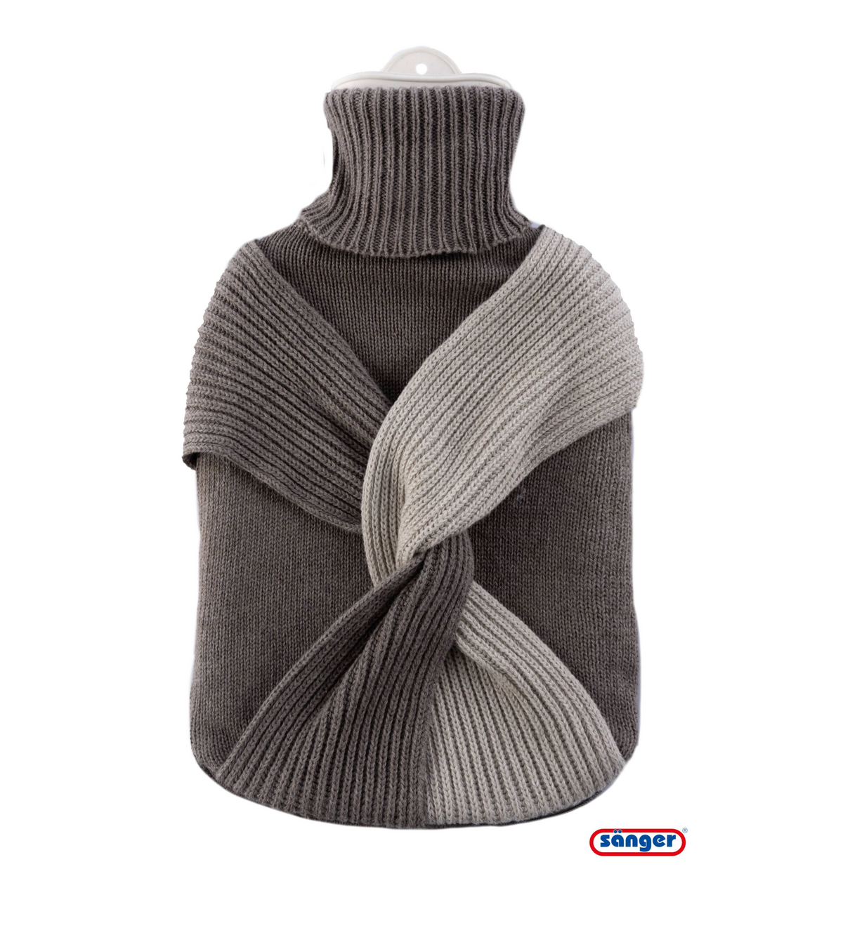 Strickbezug für Wärmflasche, graues Twist-Strick, mit Sänger-Logo
