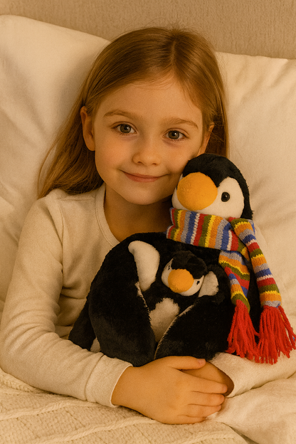 Plüsch-Pinguin mit buntem Ringelschal und roten Fransen, vom Kind umarmt