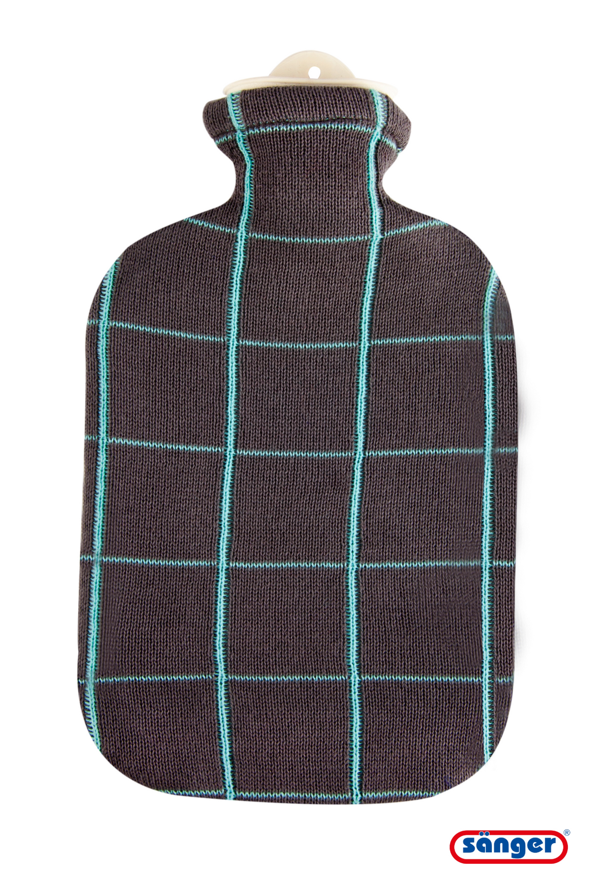 Sänger Baumwoll-Strickbezug für Wärmflasche mit Karo in Türkis und dunkelbraun