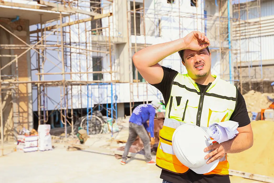 A construction worker wipes sweat from his forehead under the summer sun on a construction site