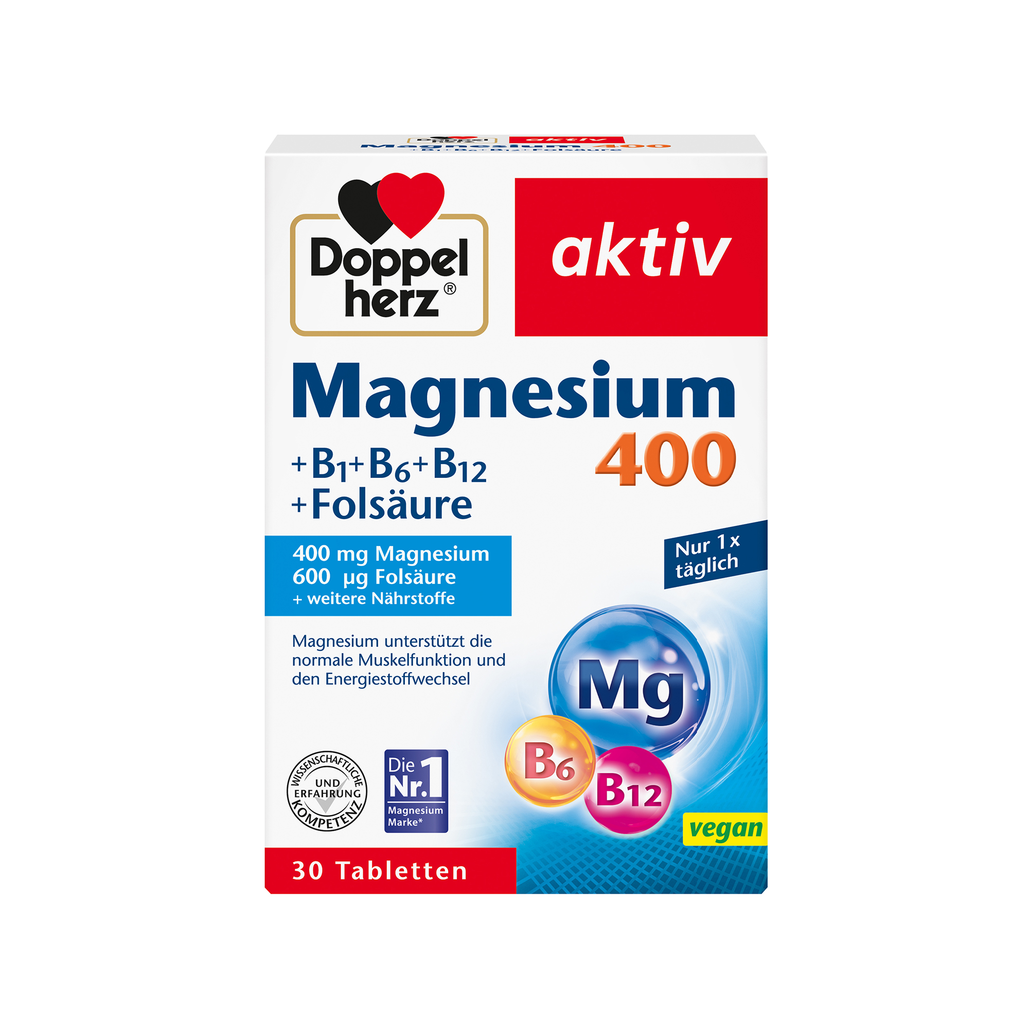 Doppelherz aktiv Magnesium 400, B1+B6+B12+Folic Acid, 30 Tablets
