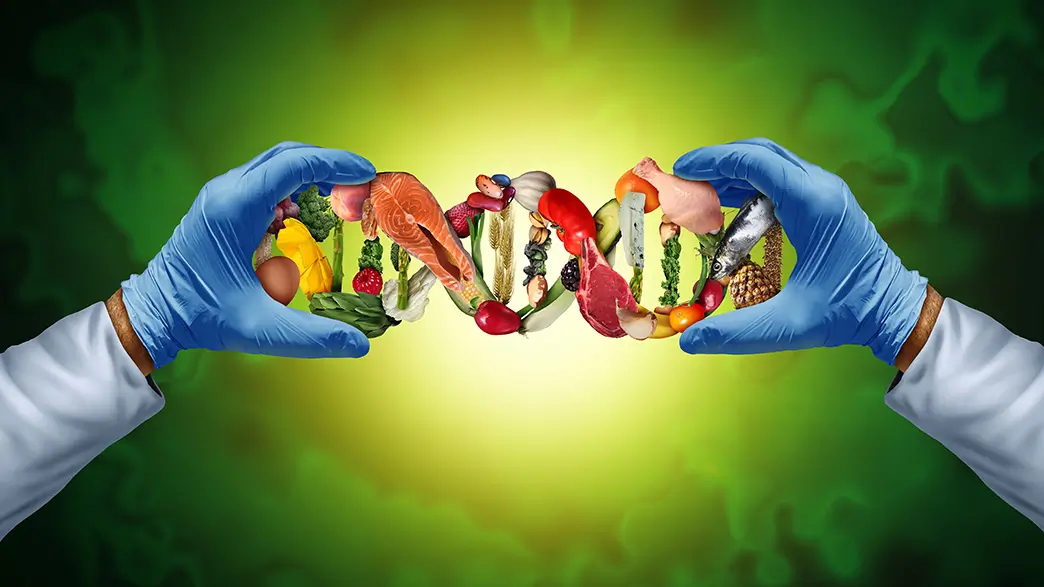 A photomontage of a DNA spiral made of food such as fish, vegetables, fruits, cheese, and nuts held up by gloved hands